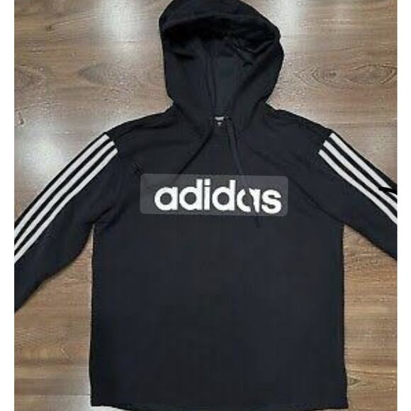 Adidas 3-Stripe Logo Hoodie Black White Size L (16-18) Drawstring Pullover - Picture 2 of 6